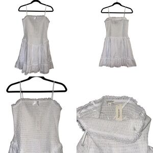Francesca's White Smocked Ruffle Lace Trim Sleeveless Mini Dress